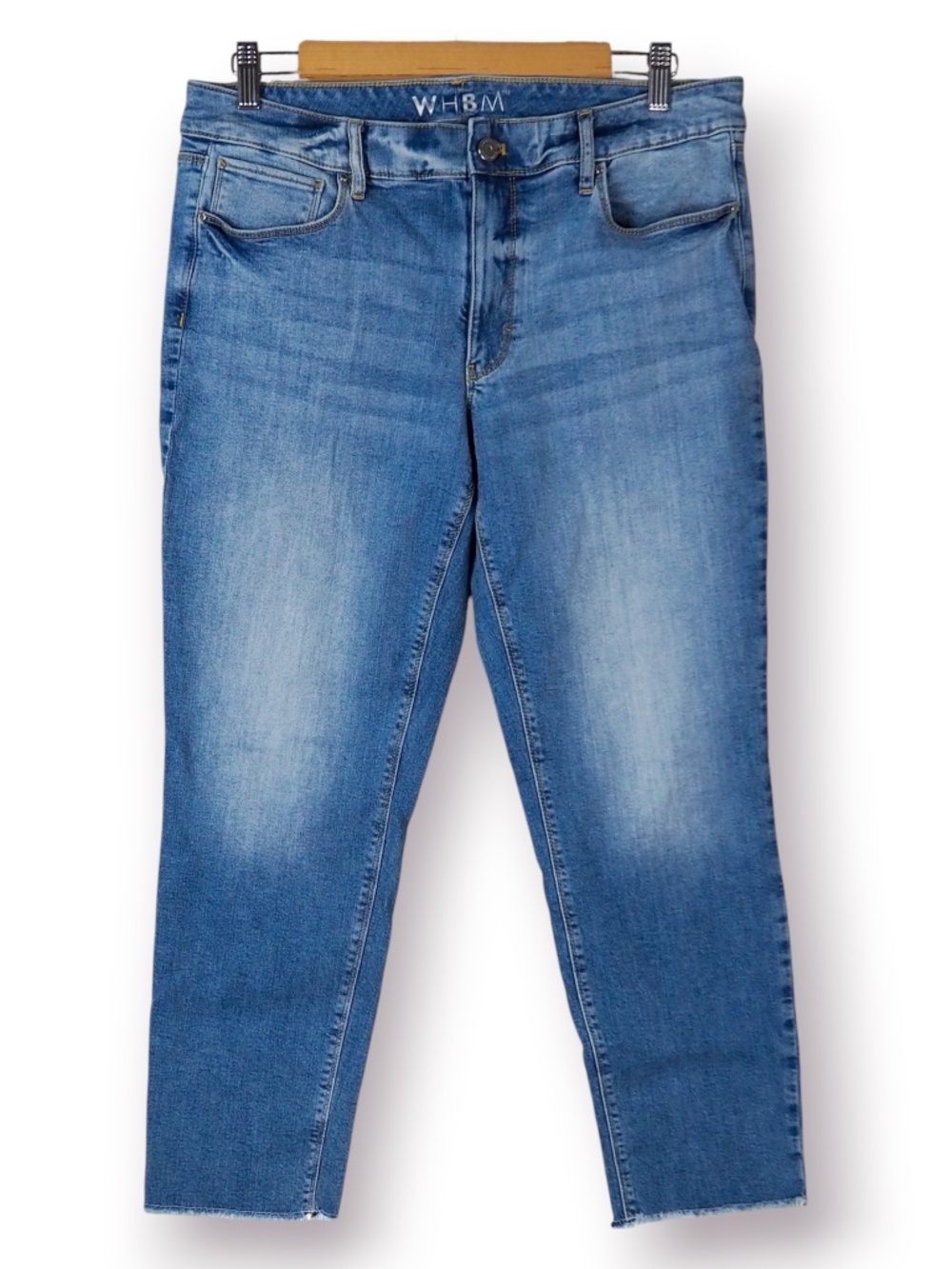 WHBM Cropped Blue Straight Jeans with Frayed Hem Women Size 12 Denim Stretchy